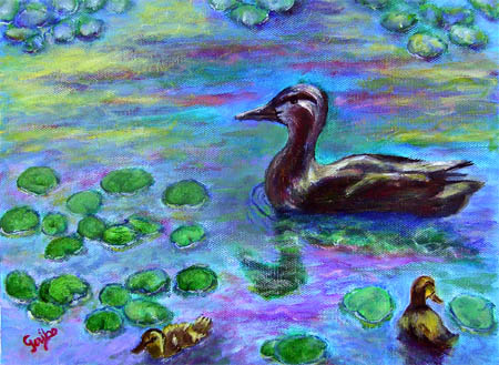 Lily Pond Paddlers painting by DJ Geribo